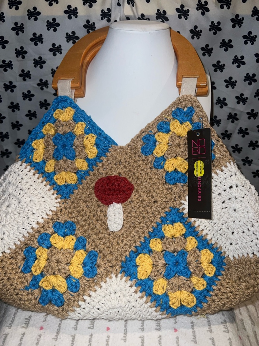 No Boundaries Crochet Patchwork Tote in Tan, Blue, Yellow, White, Red